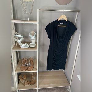 Black knit cowl neck rouched dress